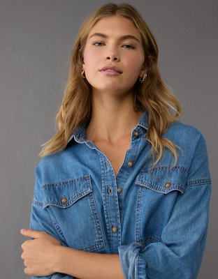 Женские рубашки American Eagle AE Dreamy Drape Denim Perfect Button-Up Shirt — фото 6