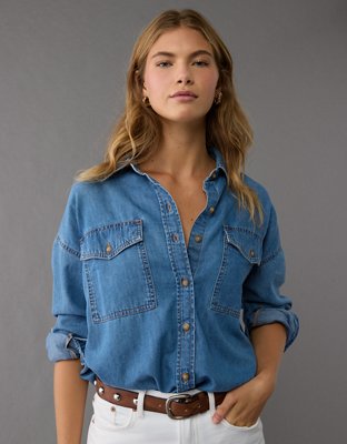 AE Dreamy Drape Denim Perfect Button Up Shirt Bayshore Shopping Centre