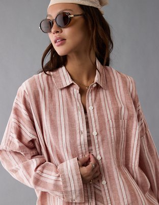 AE Go Big Linen-Blend Oversized Striped Shirt