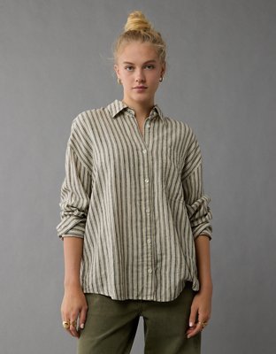 AE Linen-Blend Long-Sleeve Button-Up Tie Back Shirt