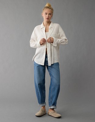 AE Linen-Blend Long-Sleeve Button-Up Tie Back Shirt