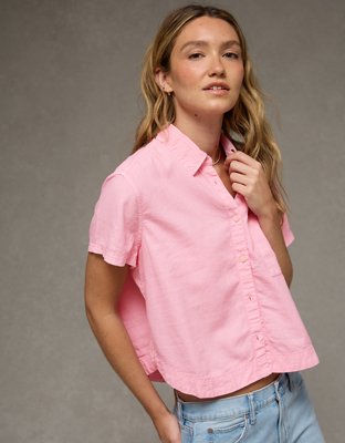 トップス twinkle star frill button-up Tee pink AE Cropped Button-Up Shirt | American Eagle