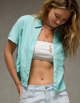 トップス A AE Cropped Button-Up Shirt | American Eagle