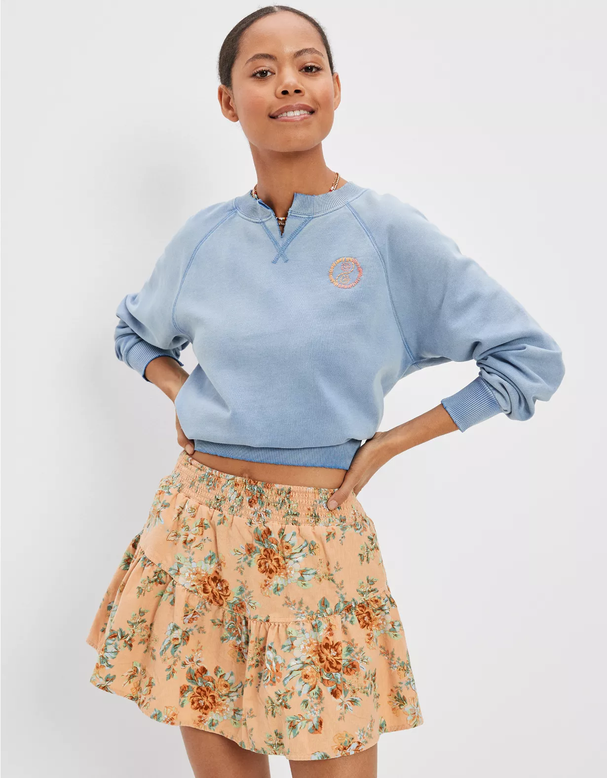 AE Tiered Floral Corduroy Mini Skirt