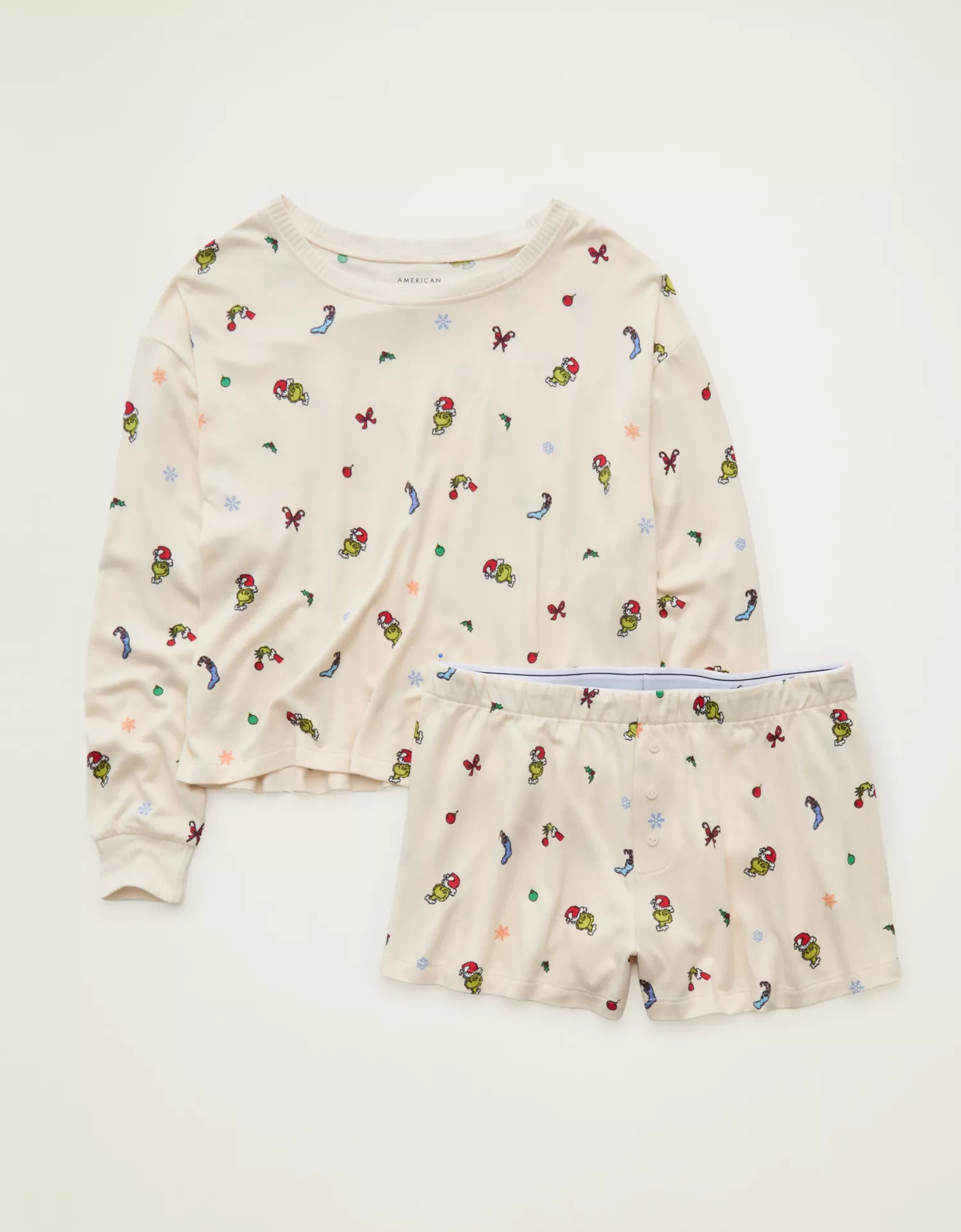 AE Luxe Plush Grinch Long Sleeve + Short PJ Set - thumbnail 3