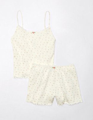 Floral Print Pointelle Lace Trim Crop & Shorts Pajama Set