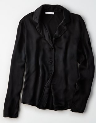 Женские рубашки American Eagle Don't Ask Why Cropped Satin Long Sleeve Shirt — фото 3