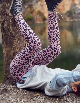 Offline By Aerie Leggings Women Large Leopard Print High Rise 7/8 Brown Pink