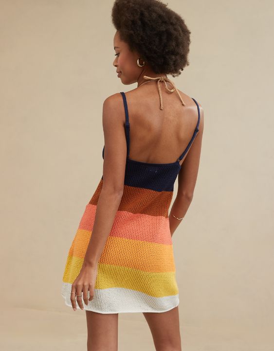 Aerie Stripe Crochet Cover Up Mini Dress