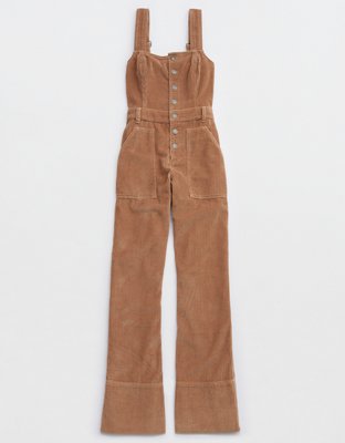 Aerie Kick Flare Corduroy Wide Leg Jumpsuit Overalls Brown Size S