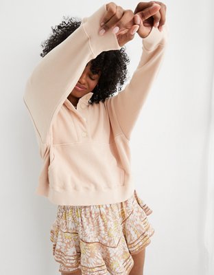 Aerie Button Mock Neck Cropped Sweatshirt