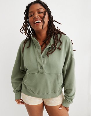 Aerie Button Mock Neck Cropped Sweatshirt