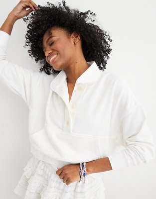 Aerie Button Mock Neck Cropped Sweatshirt