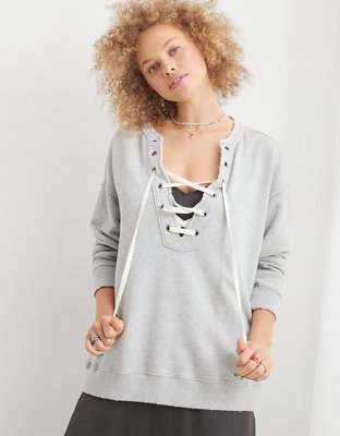 Aerie Lace Up Oversized Sweatshirt curated on LTK  Dress with sneakers,  Oversized sweatshirt, Tank outfit