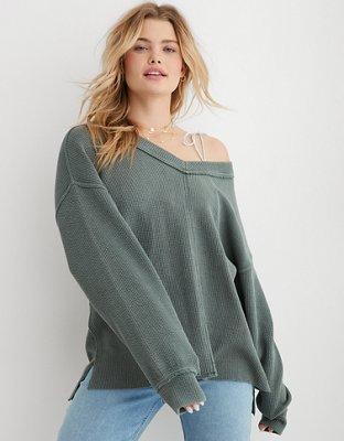 Aerie Wonder Textured V-Neck Sweatshirt | Aerie