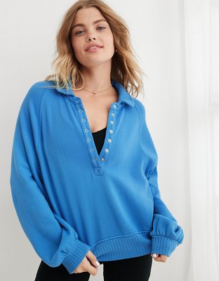 Quarter-Snap Collared Lantern Sleeve Sweatshirt