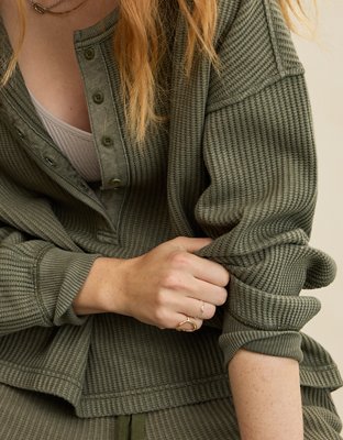 Aerie Sweatshirt de Tejido Tipo Waffle con Cuello Henley