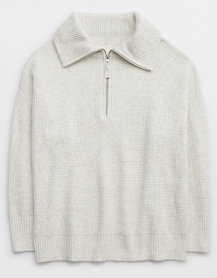 Aerie CozyUp Suéter con textura tipo waffle y cierre de un cuarto