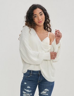 Aerie Suéter escote V en punto elástico ancho