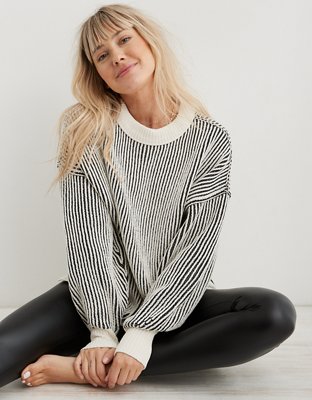 aerie-chenille-oversized-sweater-with-black-faux-leather-legging-dupes -  Lovely Lucky Life