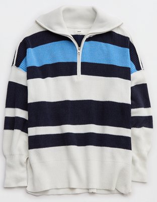 Aerie Sweater Medium Blue White Striped Hooded Lace-Up Long Sleeve