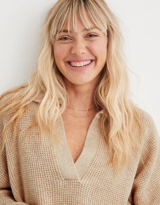 Aerie CozyUp Waffle Polo Sweater