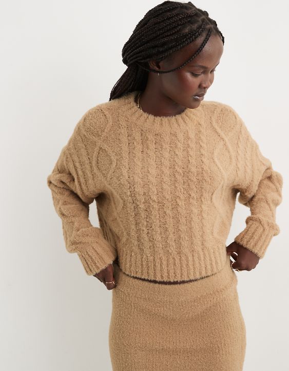Aerie Buttercream Cropped Cable Sweater