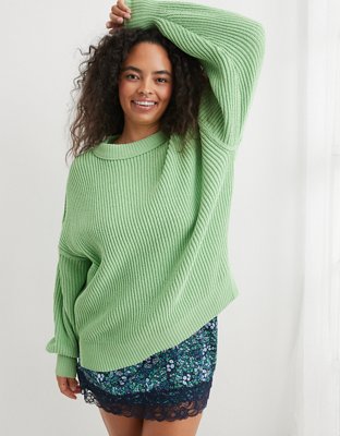 Aerie Sweater Womens S Small Green Pullover Chilled Out Side Slit Oversized  Knit