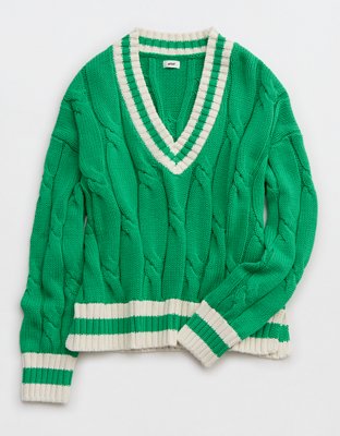 Aerie Sweater Cortado en Punto Trenzado con Escote V