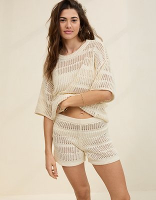 Aerie Crochet Oversized Short Sleeve Sweater