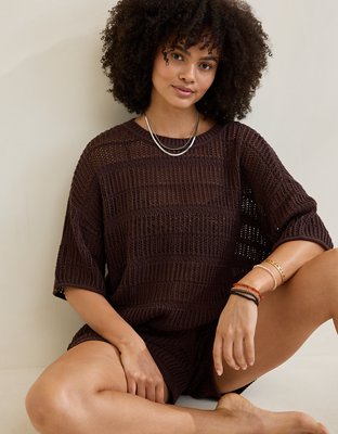 Aerie Crochet Oversized Short Sleeve Sweater