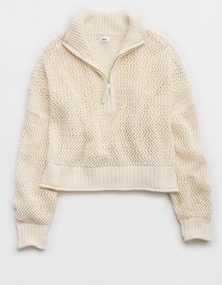 Aerie Crochet Quarter Zip Sweater
