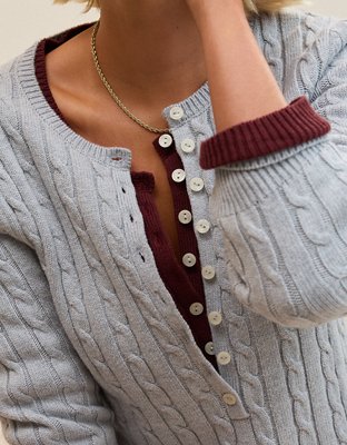 Женский свитер Aerie Cotton Cable Henley, цвет: Средний меланжевый серый — фото 6