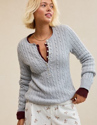 Aerie Cotton Cable Henley Sweater