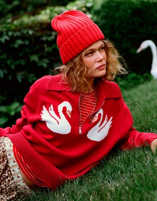 Женский свитер Aerie Graphic Quarter Zip, цвет: Яркий красный — фото 1