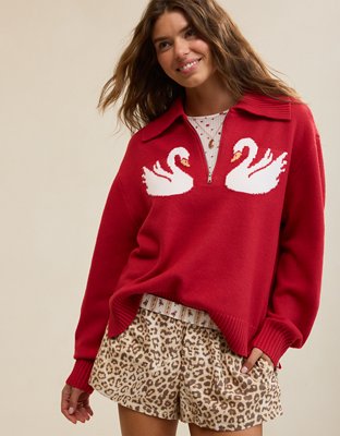 Женский свитер Aerie Graphic Quarter Zip, цвет: Яркий красный — фото 2