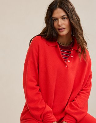 Женский свитер Aerie Sunday Soft® Plush Polo, цвет: Яркий красный — фото 2