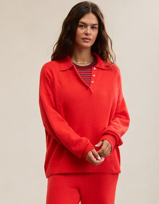 Женский свитер Aerie Sunday Soft® Plush Polo, цвет: Яркий красный — фото 5