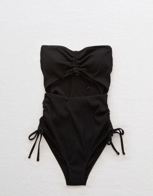 Black Ribbed Cutout One Piece Swimsuit