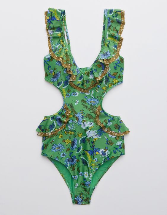 Aerie Ruffle Cut Out One Piece Swimsuit