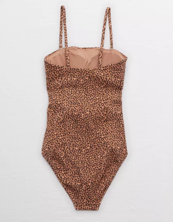 Aerie Ribbed Leopard Wrap Bandeau One Piece Swimsuit