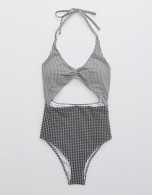 Aerie Seersucker Cut Out One Piece Swimsuit