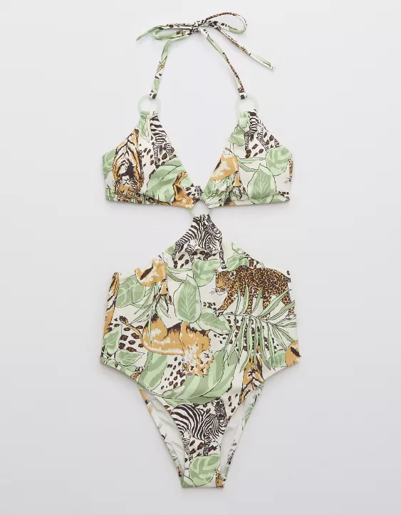 Aerie Printed Cut Out Ring One Piece Swimsuit