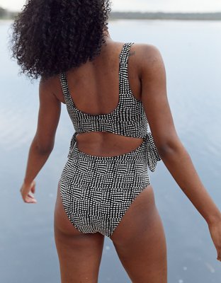 Aerie Jacquard Tie Cut Out One Piece Swimsuit