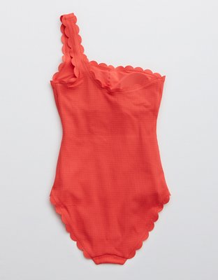 Aerie Waffle Scalloped One Shoulder One Piece Swimsuit
