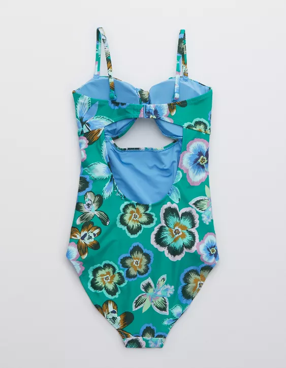 Aerie Printed Tie Bandeau One Piece Swimsuit