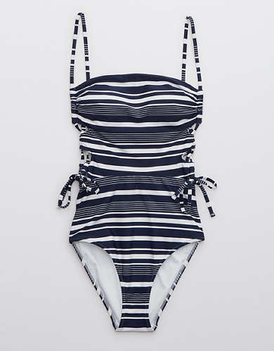 Aerie Printed Lace Up Bandeau One Piece Swimsuit