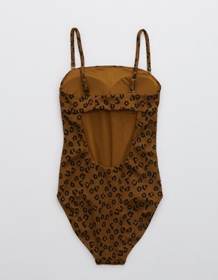 Aerie Leopard Textured Bandeau One Piece Swimsuit