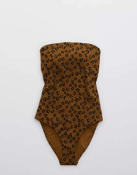 Aerie Leopard Textured Bandeau One Piece Swimsuit