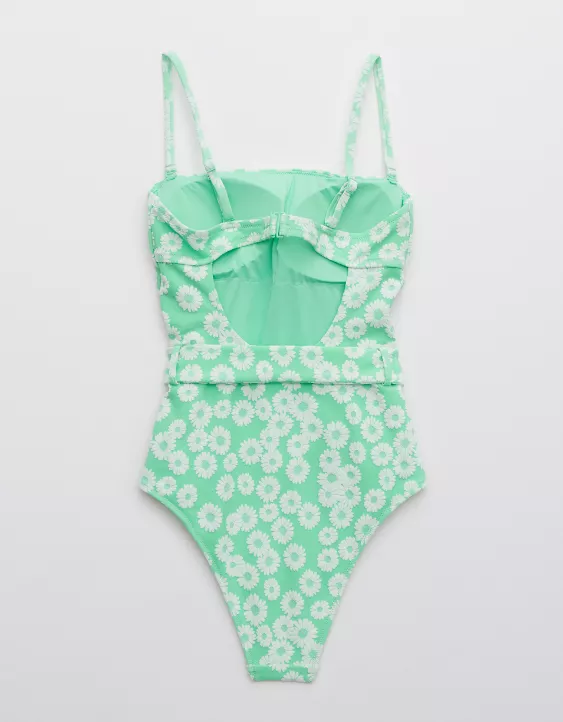 Aerie Jacquard Belted Strapless One Piece Swimsuit